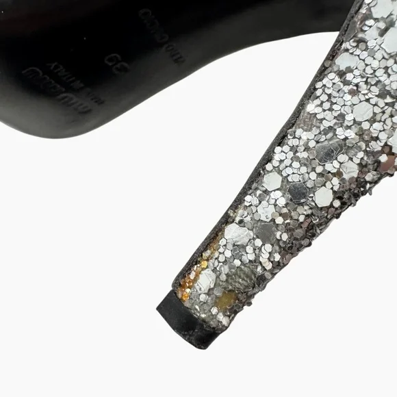 MIU MIU 2006 RUNWAY SILVER GLITTER STILETTO SANDALS w/CRYSTAL EMBELLISHMENTS